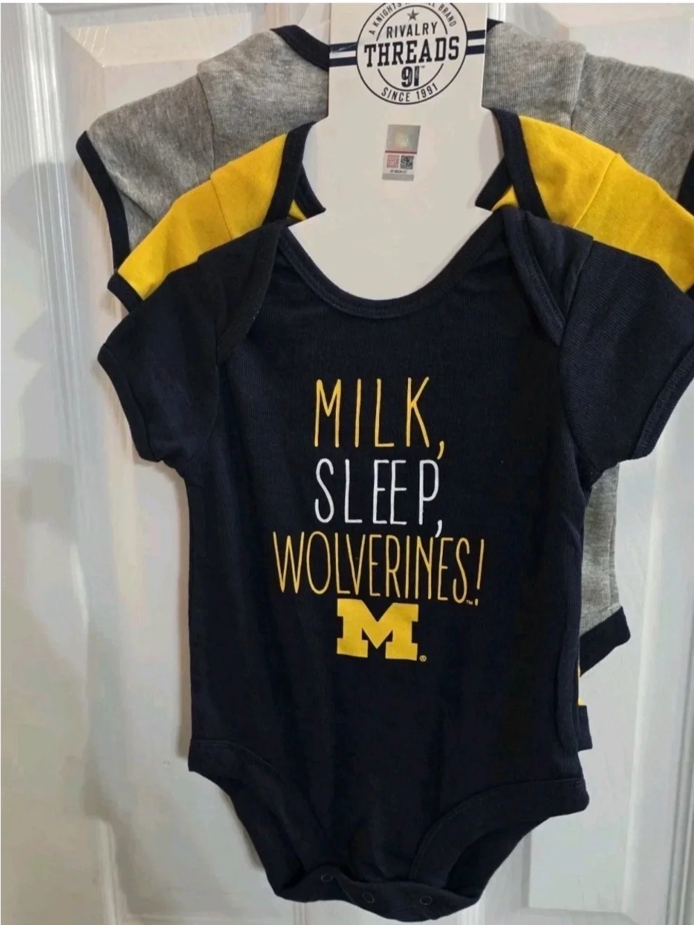 Knights Apparel 3 pack 0-3 Navy gray yellow gold Wolverines!' Baby Bodysuits